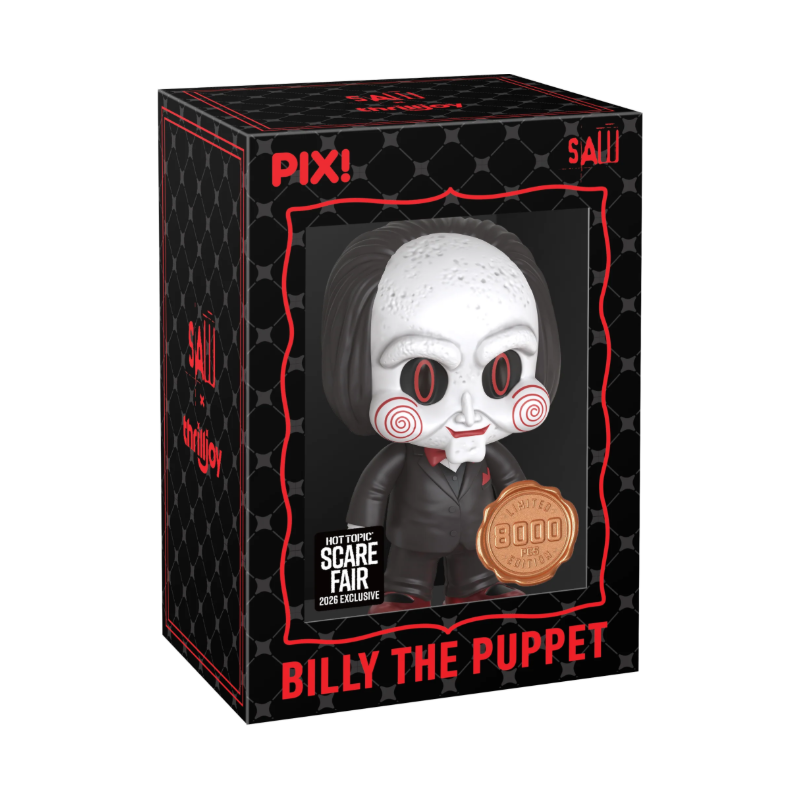 Billy the Puppet Jigsaw's Messenger Thrilljoy PIX! Hot Topic Scare Fair 2026 Exclusive stock photo in-box from Saw