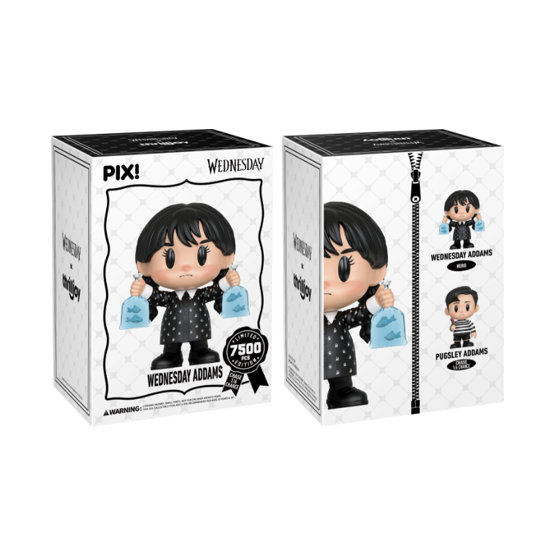 Wednesday Addams The Grim Reaper Barbie Thrilljoy PIX! stock photo box front and back from Wednesday