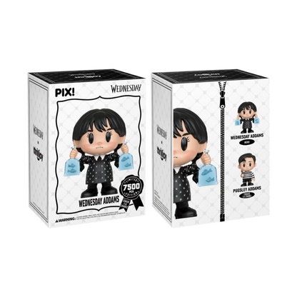 Wednesday Addams The Grim Reaper Barbie Thrilljoy PIX! stock photo box front and back from Wednesday