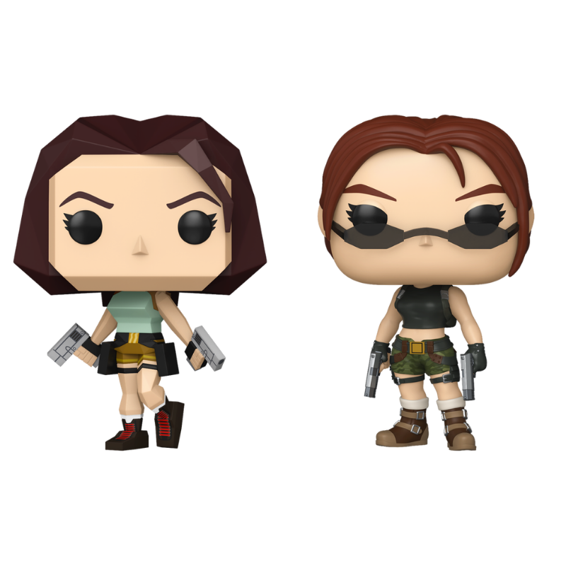 Lara Croft Funko Pop! #1192 Polygonal and Lara Croft Funko Pop! #1194 Angel of Darkness stock photo out-of-box from Tomb Raider