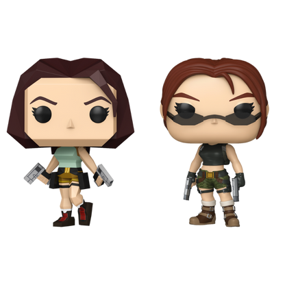 Lara Croft Funko Pop! #1192 Polygonal and Lara Croft Funko Pop! #1194 Angel of Darkness stock photo out-of-box from Tomb Raider