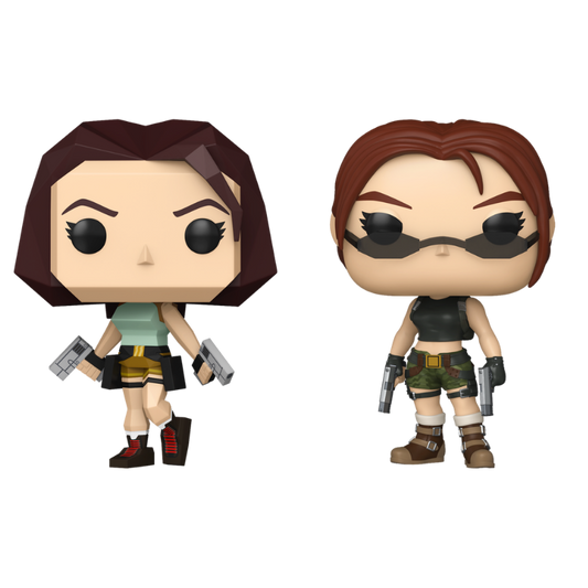 Lara Croft Funko Pop! #1192 Polygonal and Lara Croft Funko Pop! #1194 Angel of Darkness stock photo out-of-box from Tomb Raider