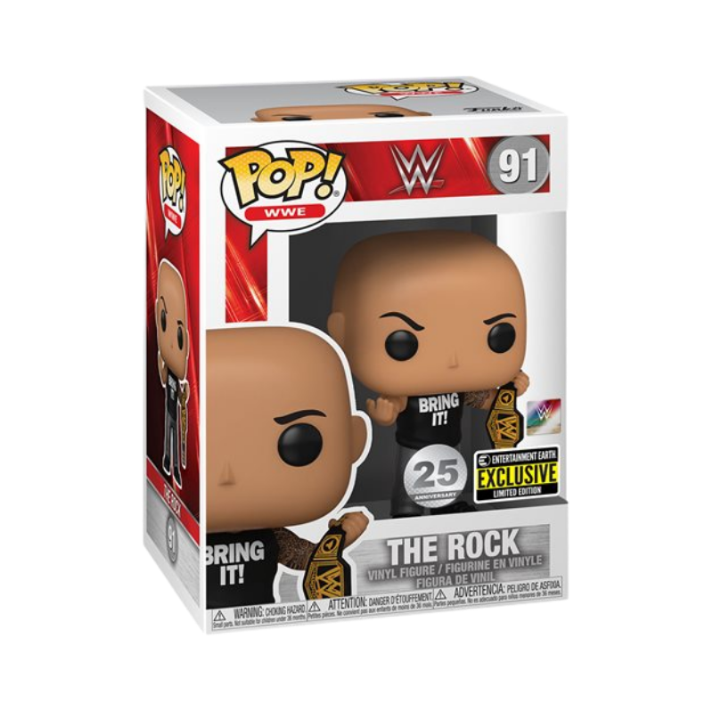 The Rock with Championship Belt Funko Pop! #91 Entertainment Earth Exclusive 25 Year Anniversary stock photo in-box from WWE