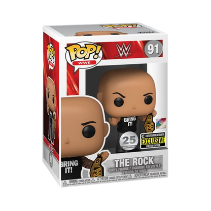 The Rock with Championship Belt Funko Pop! #91 Entertainment Earth Exclusive 25 Year Anniversary stock photo in-box from WWE