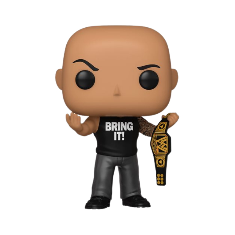 The Rock with Championship Belt Funko Pop! #91 Entertainment Earth Exclusive 25 Year Anniversary stock photo out-of-box from WWE