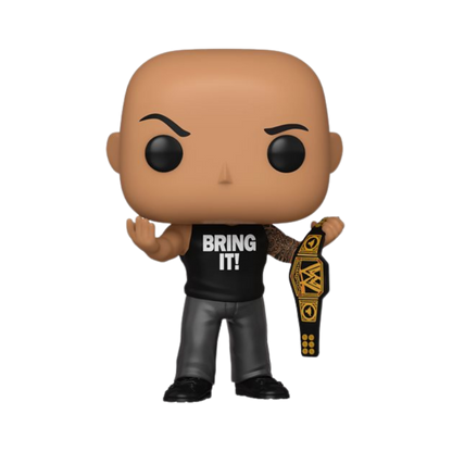 The Rock with Championship Belt Funko Pop! #91 Entertainment Earth Exclusive 25 Year Anniversary stock photo out-of-box from WWE
