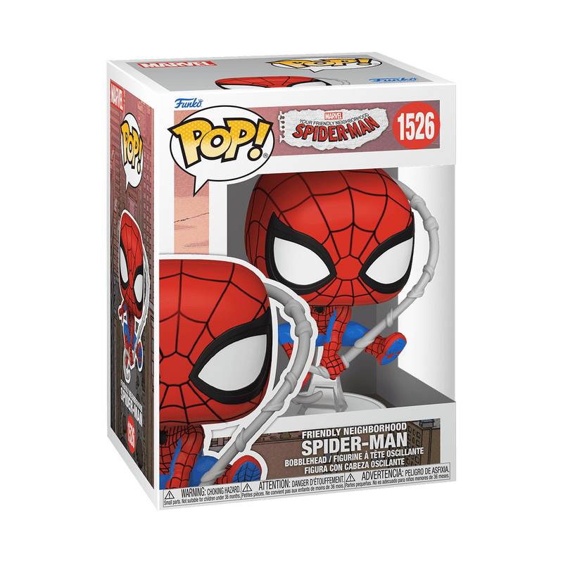 Spider-Man Funko Pop! #1526 stock photo in-box from Marvel Animation's Your Friendly Neighborhood Spider-Man