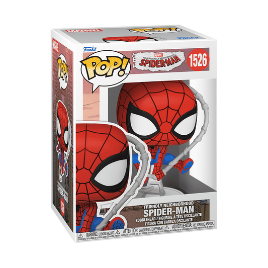 Spider-Man Funko Pop! #1526 stock photo in-box from Marvel Animation's Your Friendly Neighborhood Spider-Man